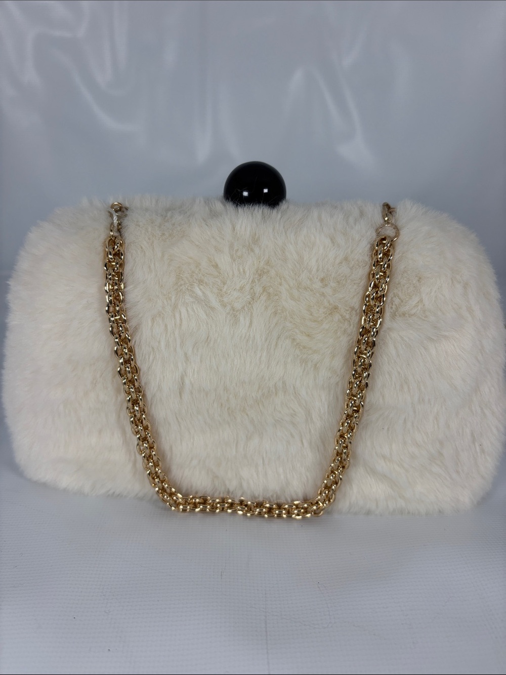 Shiraleah Cream Faux Fur Clutch with Gold Chain Strap